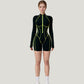 Long Sleeve Zip Front Active Romper with Neon Piping and Contoured Seams