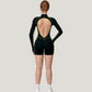 Long Sleeve Zip Front Active Romper with Neon Piping and Contoured Seams
