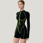 Long Sleeve Zip Front Active Romper with Neon Piping and Contoured Seams