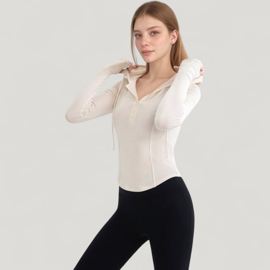 Long Sleeve Pullover Hoodie Top with Half Zip Front and Thumbhole Cuffs