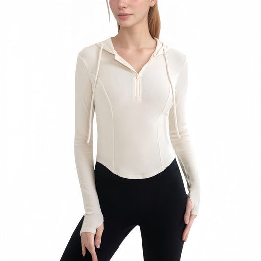 Long Sleeve Pullover Hoodie Top with Half Zip Front and Thumbhole Cuffs