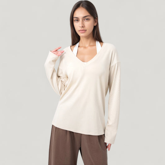 Long Sleeve V-Neck Pullover Top with Relaxed Fit and Drop Shoulder Design