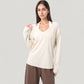 Long Sleeve V-Neck Pullover Top with Relaxed Fit and Drop Shoulder Design