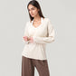 Long Sleeve V-Neck Pullover Top with Relaxed Fit and Drop Shoulder Design