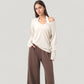 Long Sleeve V-Neck Pullover Top with Relaxed Fit and Drop Shoulder Design