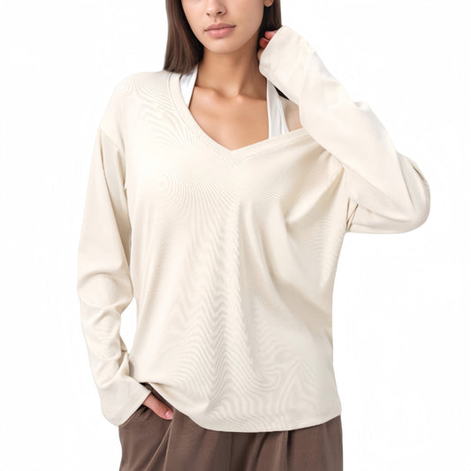 Long Sleeve V-Neck Pullover Top with Relaxed Fit and Drop Shoulder Design