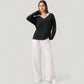 Long Sleeve V-Neck Pullover Top with Relaxed Fit and Drop Shoulder Design