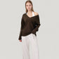 Long Sleeve V-Neck Pullover Top with Relaxed Fit and Drop Shoulder Design