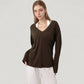 Long Sleeve V-Neck Pullover Top with Relaxed Fit and Drop Shoulder Design