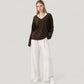 Long Sleeve V-Neck Pullover Top with Relaxed Fit and Drop Shoulder Design