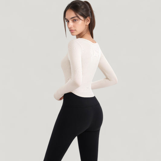 Long Sleeve Pullover Top with Deep Scoop Neck and Fitted Stretch Design