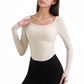 Long Sleeve Pullover Top with Deep Scoop Neck and Fitted Stretch Design