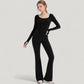 Long Sleeve Pullover Top with Deep Scoop Neck and Fitted Stretch Design