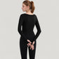 Long Sleeve Pullover Top with Deep Scoop Neck and Fitted Stretch Design