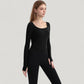 Long Sleeve Pullover Top with Deep Scoop Neck and Fitted Stretch Design