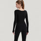 Long Sleeve Pullover Top with Deep Scoop Neck and Fitted Stretch Design