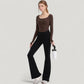 Long Sleeve Pullover Top with Deep Scoop Neck and Fitted Stretch Design