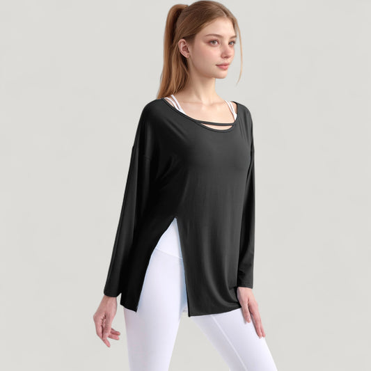 Long Sleeve Pullover Top with Cutout Scoop Neck and Side Slit Hem