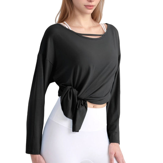 Long Sleeve Pullover Top with Cutout Scoop Neck and Side Slit Hem