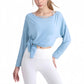 Long Sleeve Pullover Top with Cutout Scoop Neck and Side Slit Hem