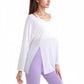 Long Sleeve Pullover Top with Cutout Scoop Neck and Side Slit Hem