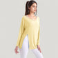 Long Sleeve Pullover Top with Cutout Scoop Neck and Side Slit Hem