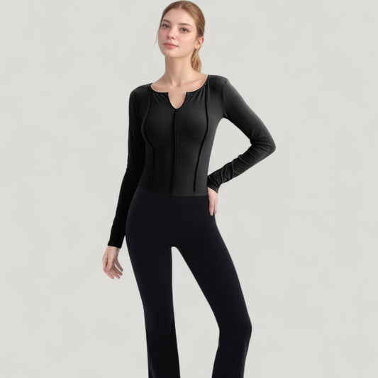 Long Sleeve Fitted Athletic Top with Notch Neckline and Contoured Seams