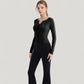 Long Sleeve Fitted Athletic Top with Notch Neckline and Contoured Seams