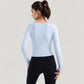 Long Sleeve Fitted Athletic Top with Notch Neckline and Contoured Seams