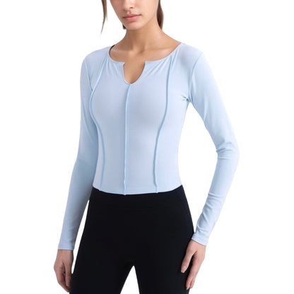 Long Sleeve Fitted Athletic Top with Notch Neckline and Contoured Seams