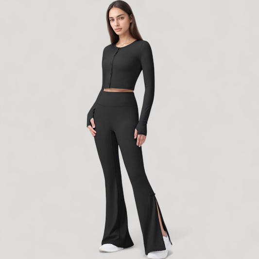 Long Sleeve Cropped Button Front Top with Fitted Stretch Design