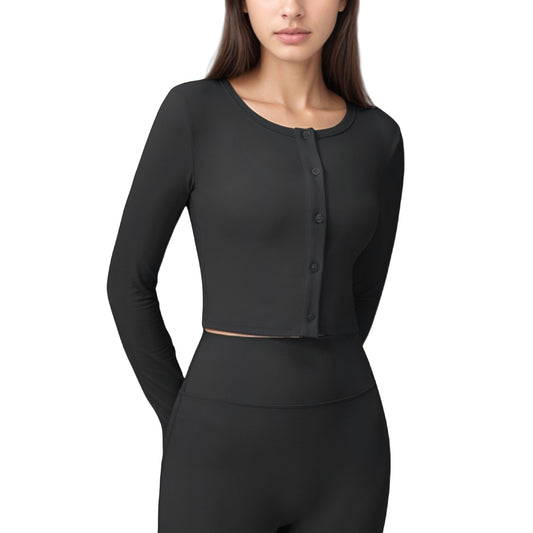 Long Sleeve Cropped Button Front Top with Fitted Stretch Design