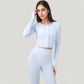 Long Sleeve Cropped Button Front Top with Fitted Stretch Design