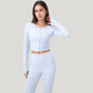 Long Sleeve Cropped Button Front Top with Fitted Stretch Design