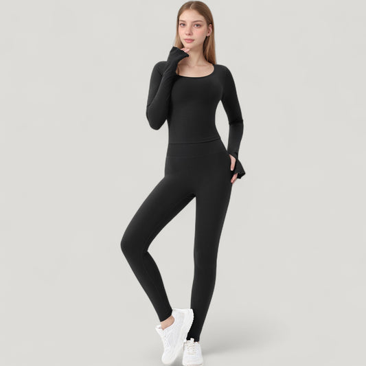 Long Sleeve Ribbed Knit Fitted Top with Asymmetrical Neckline and Thumbhole Cuffs