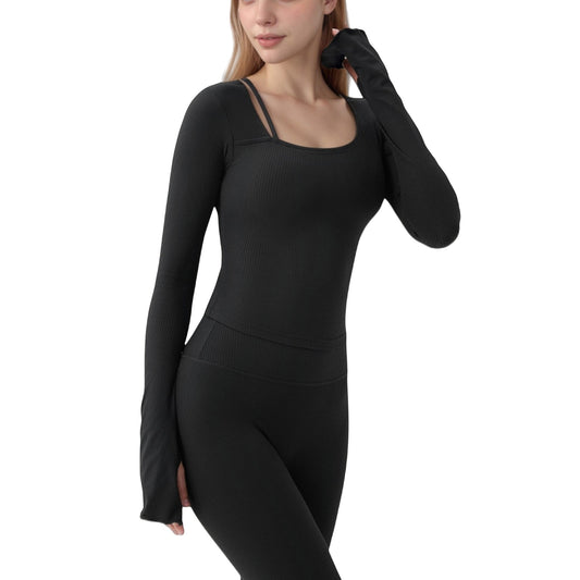 Long Sleeve Ribbed Knit Fitted Top with Asymmetrical Neckline and Thumbhole Cuffs