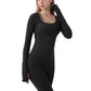 Long Sleeve Ribbed Knit Fitted Top with Asymmetrical Neckline and Thumbhole Cuffs
