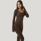 Long Sleeve Ribbed Knit Fitted Top with Asymmetrical Neckline and Thumbhole Cuffs