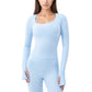 Long Sleeve Ribbed Knit Fitted Top with Asymmetrical Neckline and Thumbhole Cuffs
