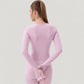Long Sleeve Ribbed Knit Fitted Top with Asymmetrical Neckline and Thumbhole Cuffs
