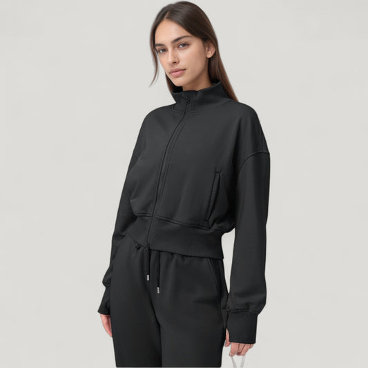 Cropped Zip-Up Jacket with High Collar and Long Sleeves