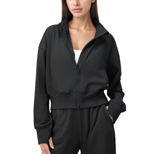 Cropped Zip-Up Jacket with High Collar and Long Sleeves