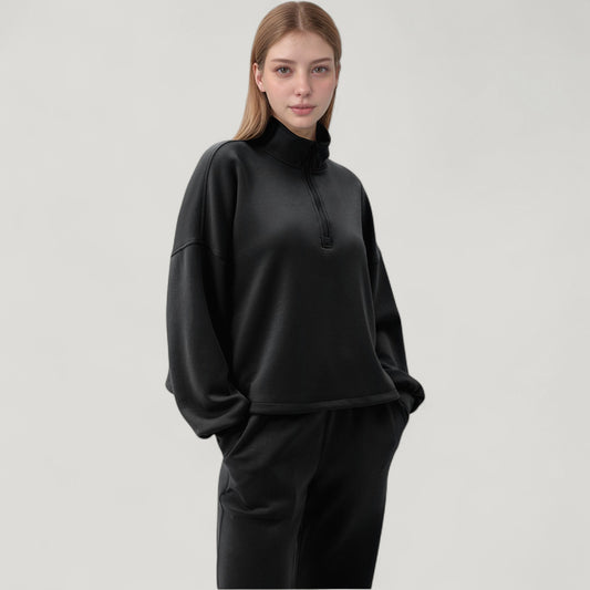 Long Sleeve Half Zip Pullover Top with High Collar and Relaxed Fit