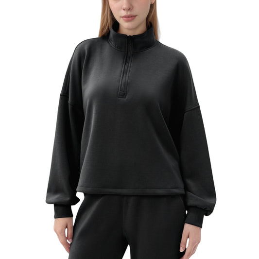 Long Sleeve Half Zip Pullover Top with High Collar and Relaxed Fit