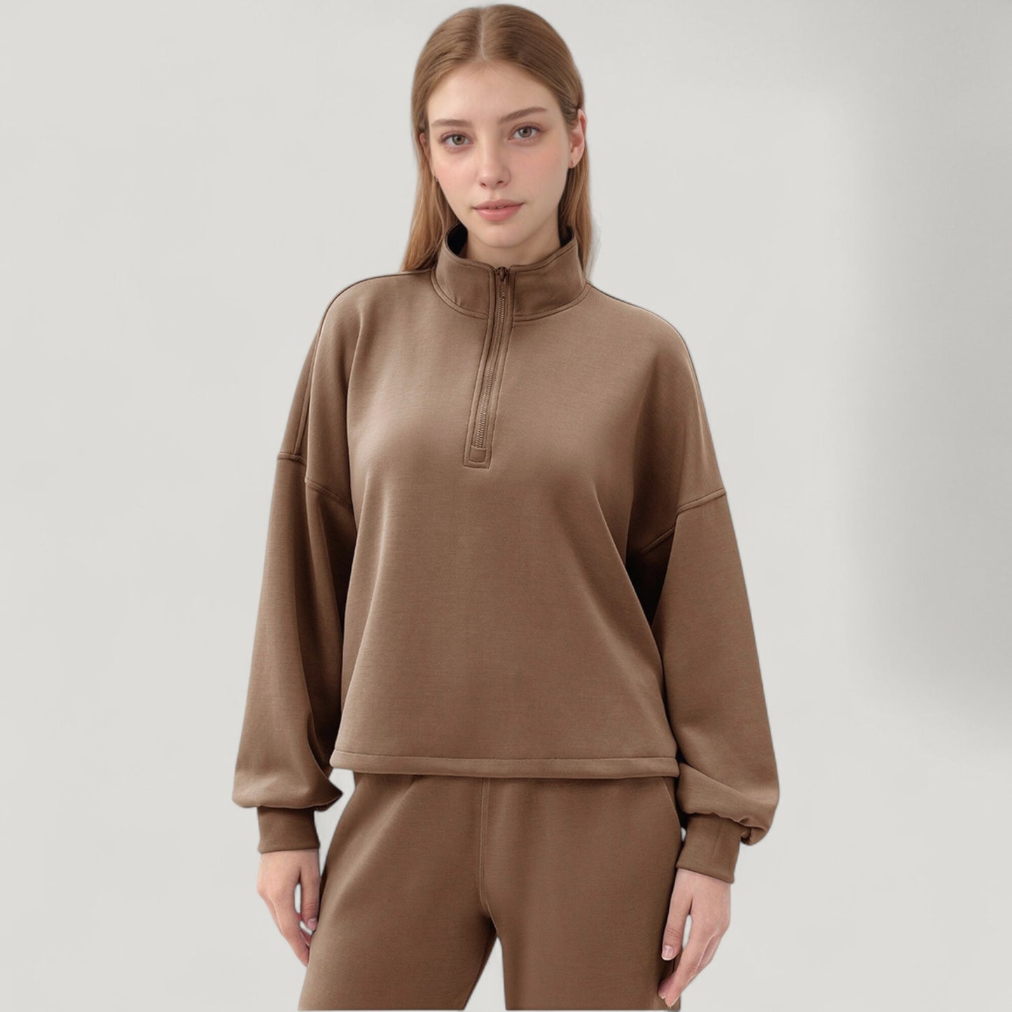 Long Sleeve Half Zip Pullover Top with High Collar and Relaxed Fit
