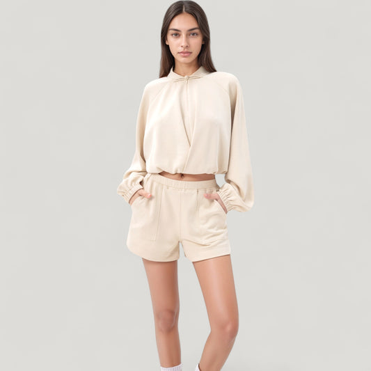 Long Sleeve Woven Lounge Top with Half Zip Front, Elastic Hem, and Relaxed Draped Fit