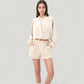 Long Sleeve Woven Lounge Top with Half Zip Front, Elastic Hem, and Relaxed Draped Fit