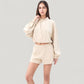 Long Sleeve Woven Lounge Top with Half Zip Front, Elastic Hem, and Relaxed Draped Fit