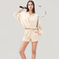 Long Sleeve Woven Lounge Top with Half Zip Front, Elastic Hem, and Relaxed Draped Fit