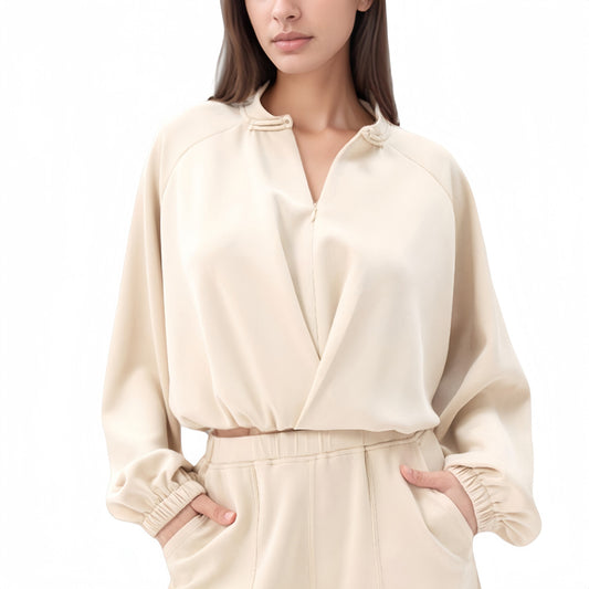 Long Sleeve Woven Lounge Top with Half Zip Front, Elastic Hem, and Relaxed Draped Fit